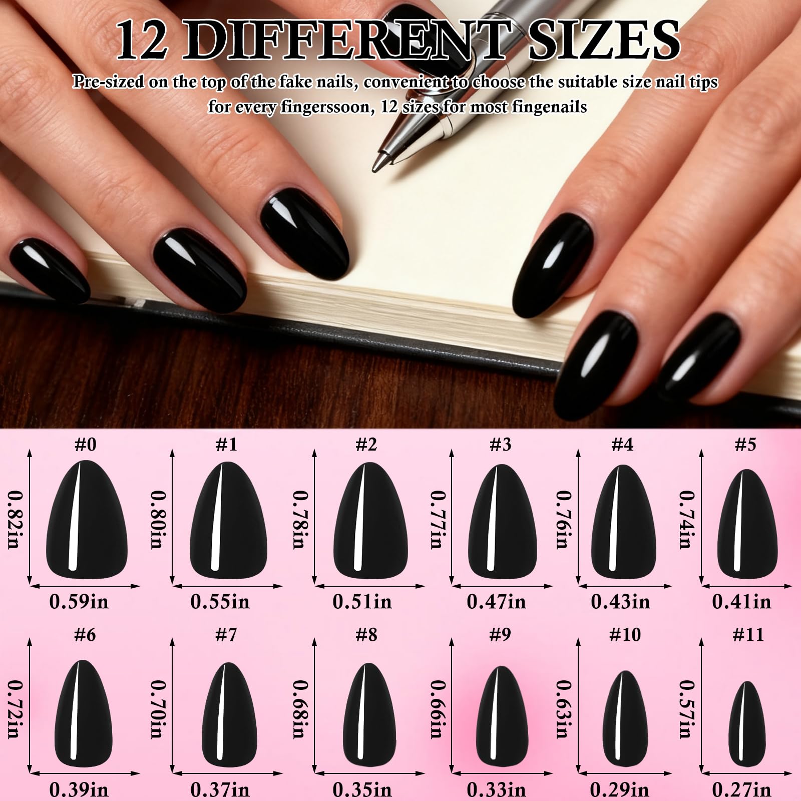 LoveOurHome layout of 12 press-on nail sizes displayed to find perfect fit quickly