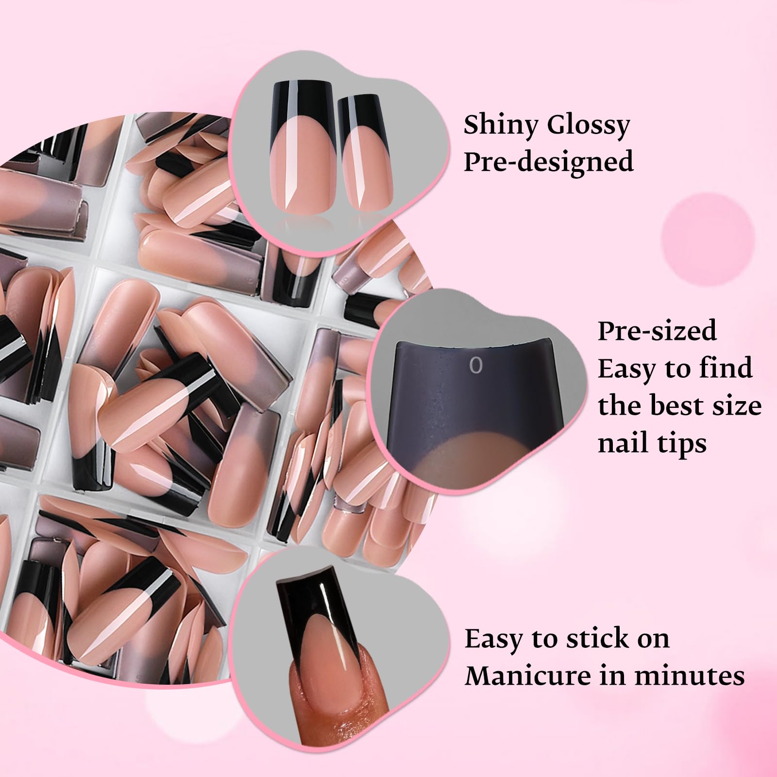 Hands wearing LoveOurHome black French tip press-on nails to show stylish everyday wearability