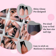 Hands wearing LoveOurHome black French tip press-on nails to show stylish everyday wearability