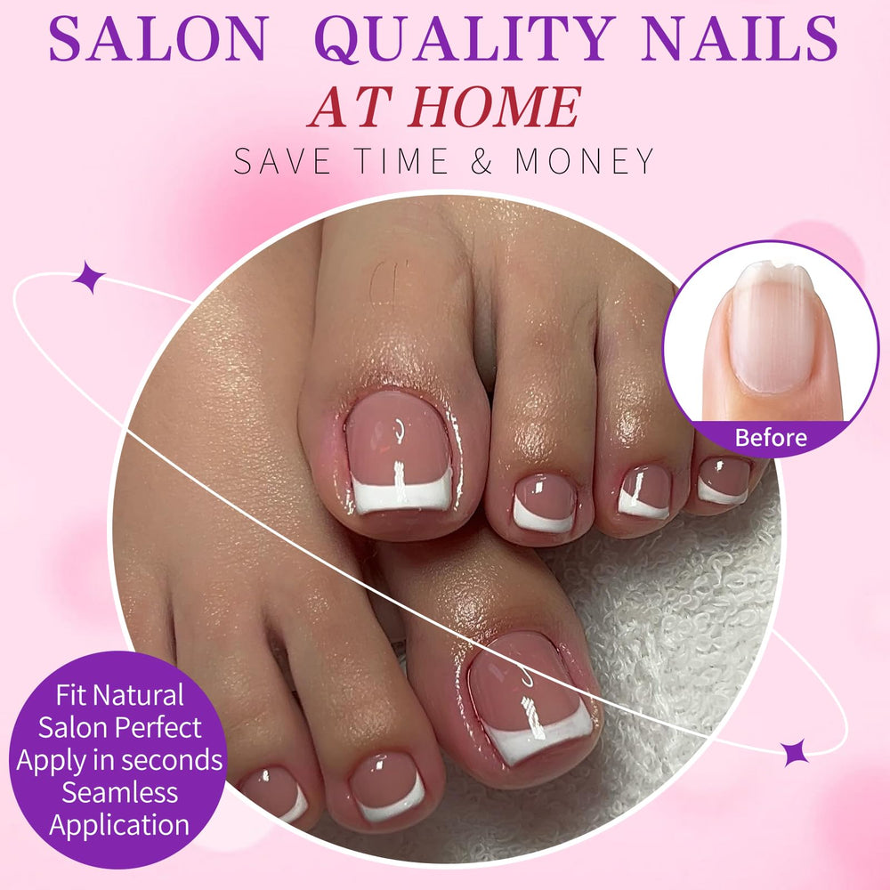 LoveOurHome press-on toenails applied on feet showing instant polished look
