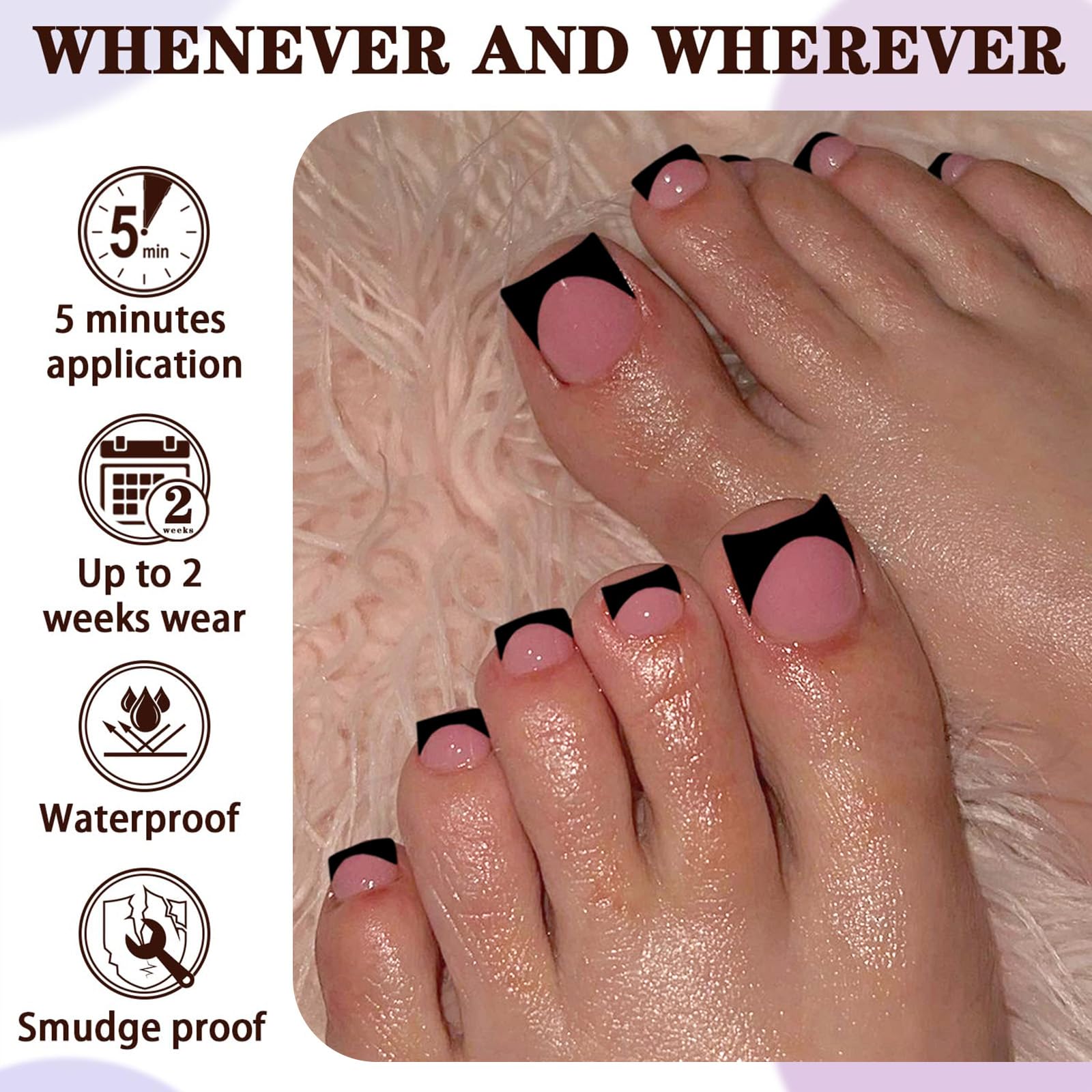 LoveOurHome model wearing press-on toes with sandals showing instant polished pedicure