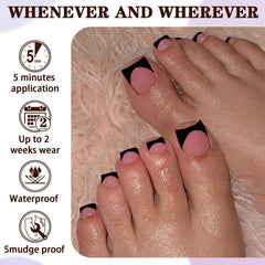 LoveOurHome model wearing press-on toes with sandals showing instant polished pedicure