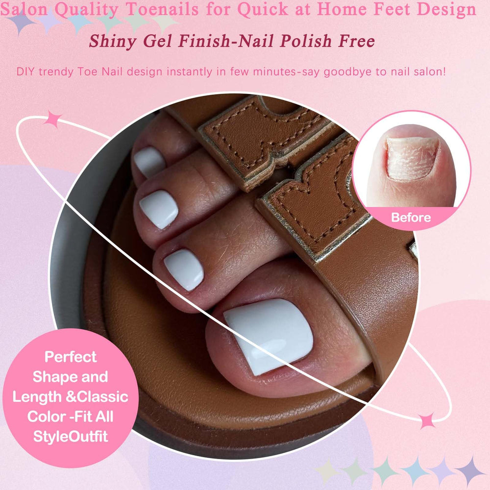 LoveOurHome model wearing white press-on toenails, demonstrating polished look