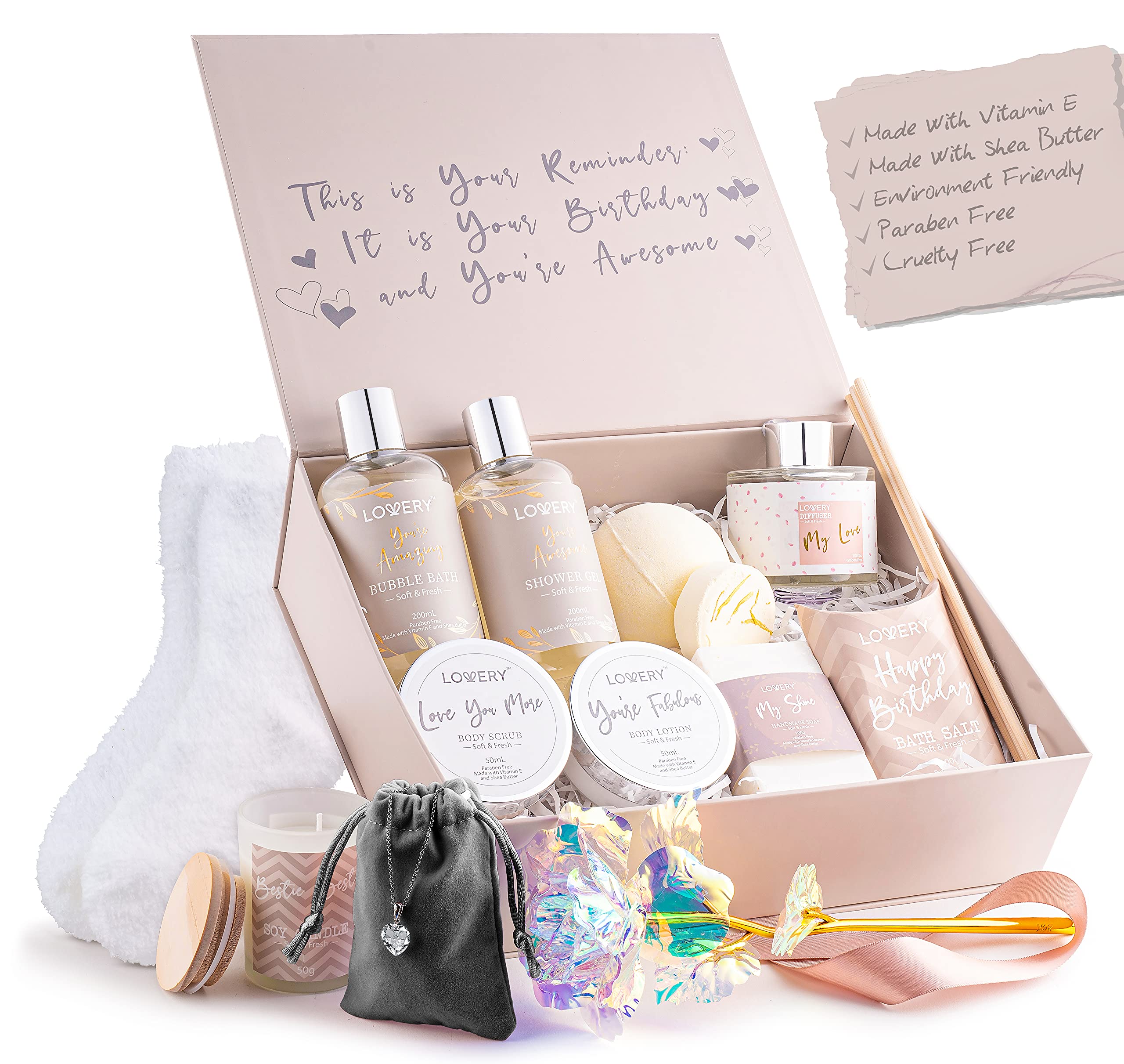 LOVERY contents laid out showing all 20-piece bath and spa items