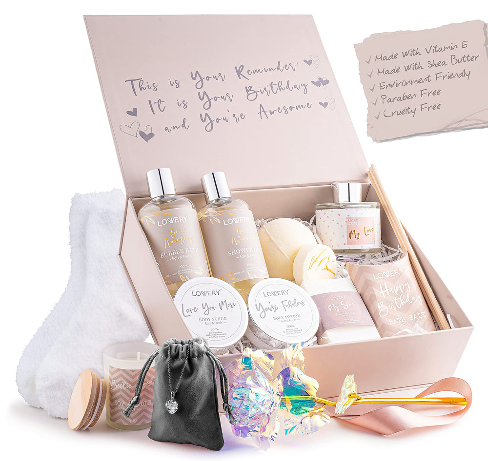 LOVERY contents laid out showing all 20-piece bath and spa items