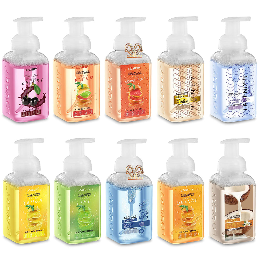 LOVERY front packaging of ten foaming hand soap bottles shows variety and value