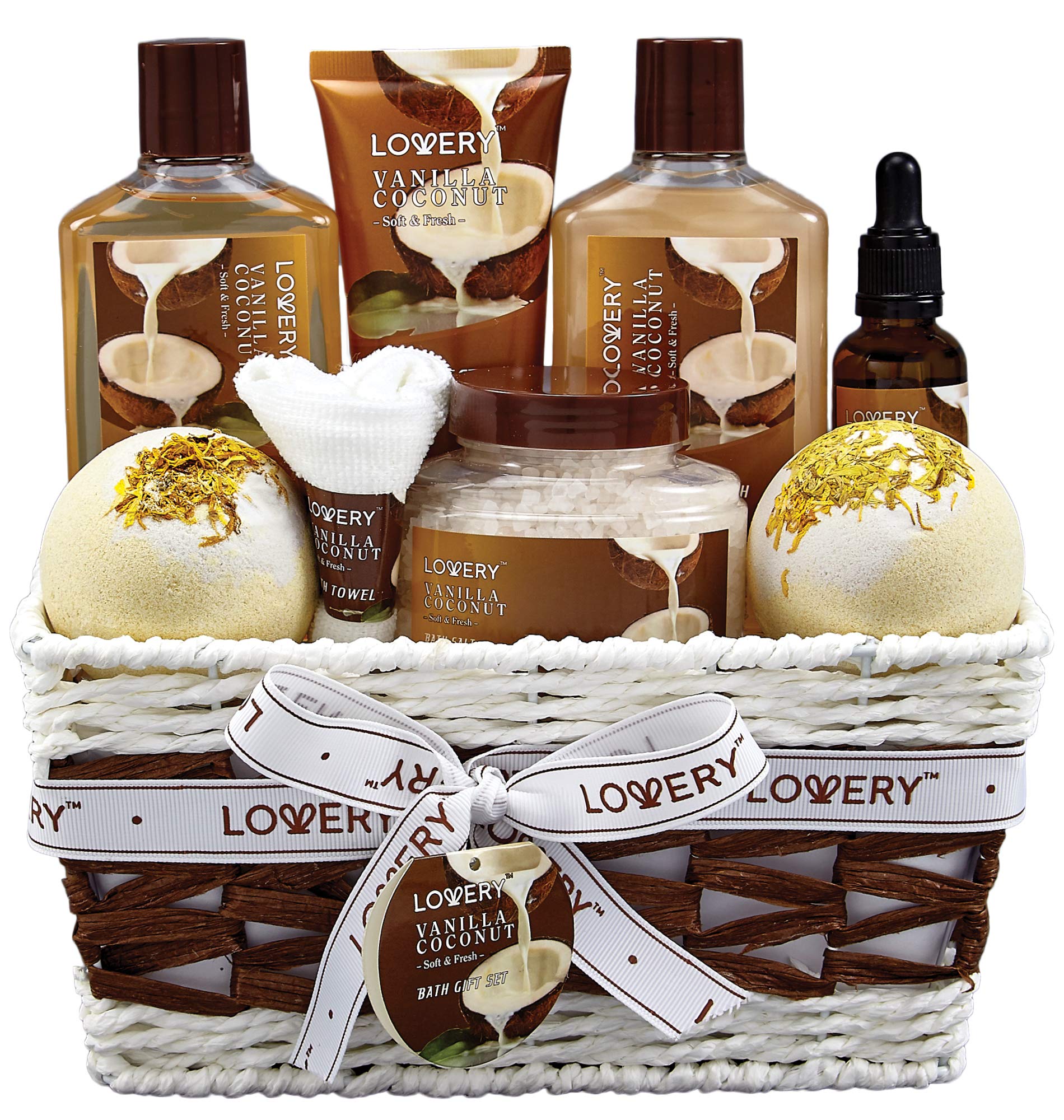LOVERY gift basket front view showing complete nine-piece set and elegant wrapping