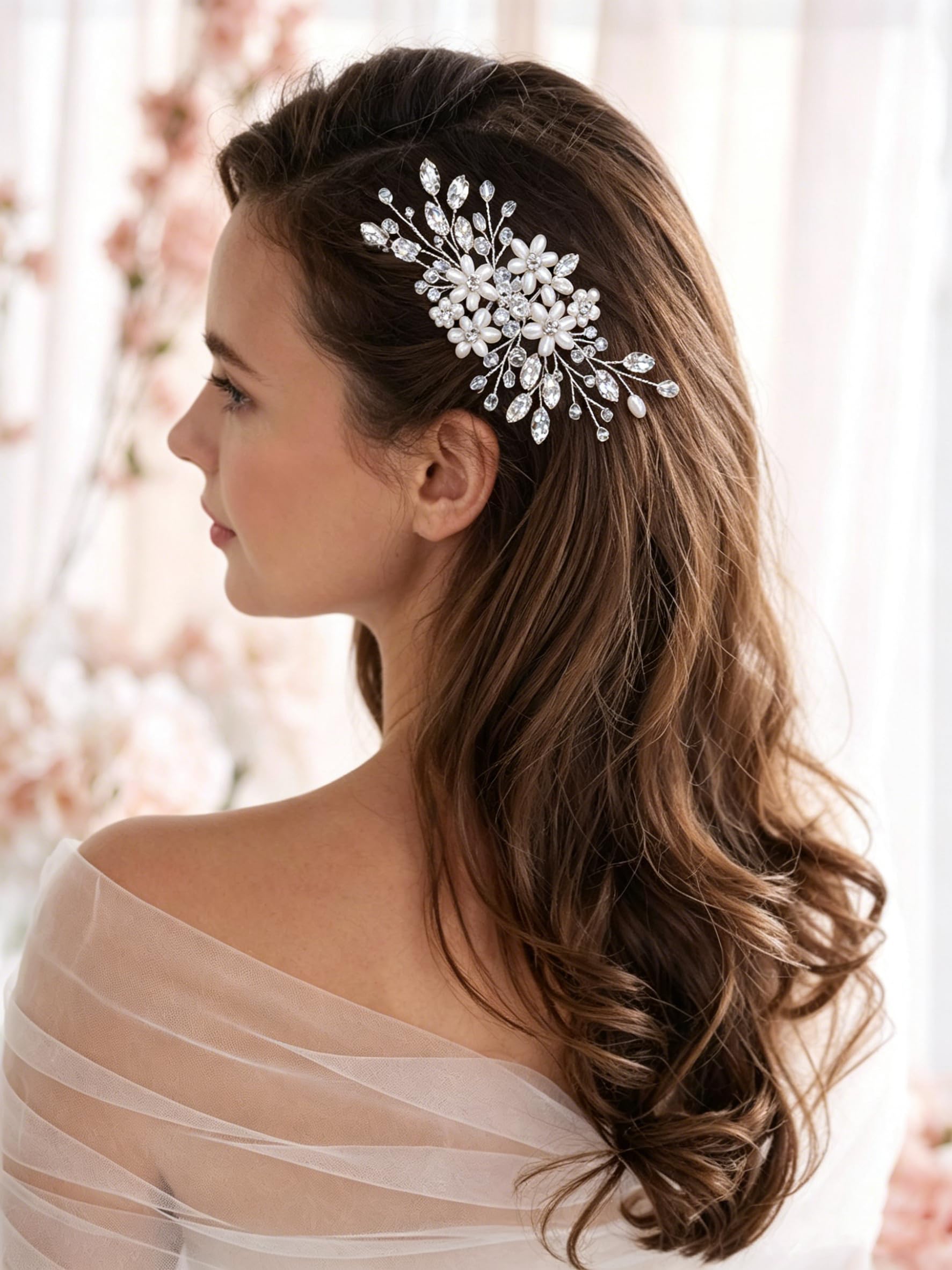 LOVFOIVER front view silver floral comb shows elegant bridal sparkle
