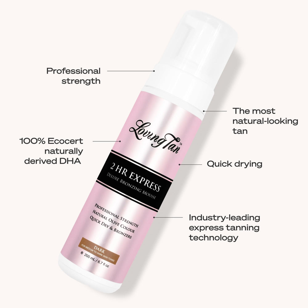 Loving Tan bottle next to ruler showing 6.7 fl oz size and portioning