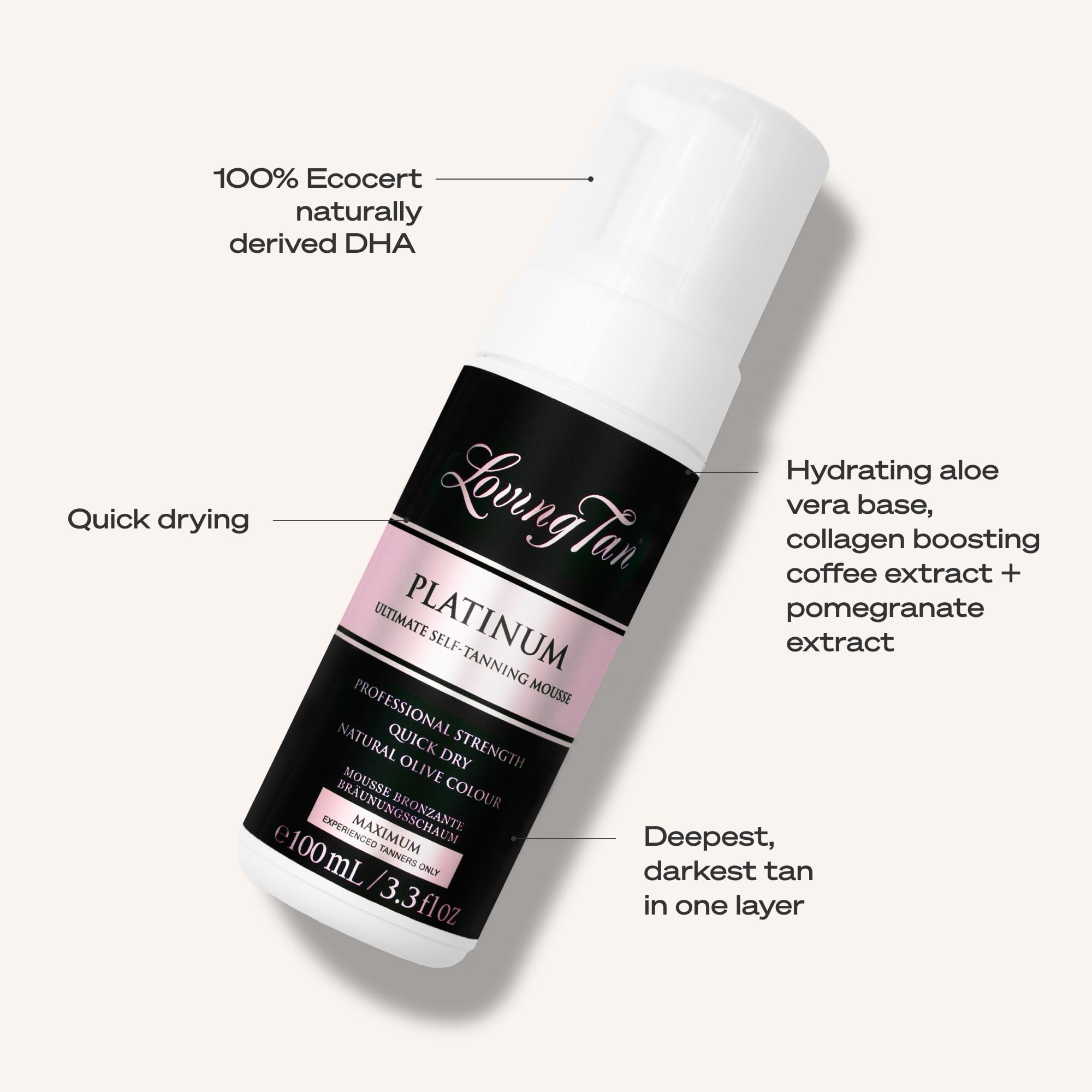Loving Tan bottle label detail highlighting professional-strength formula