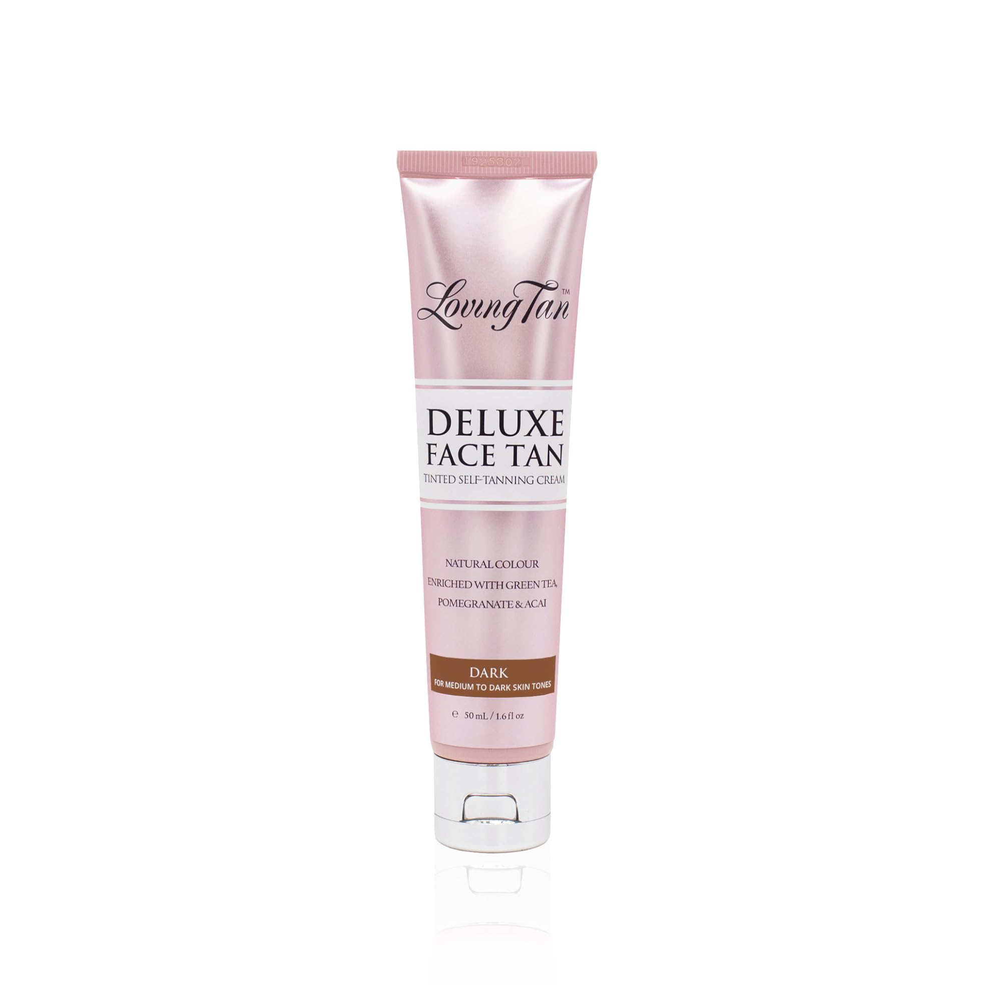 Loving Tan front tube view showing compact dark face tanner benefit quick application