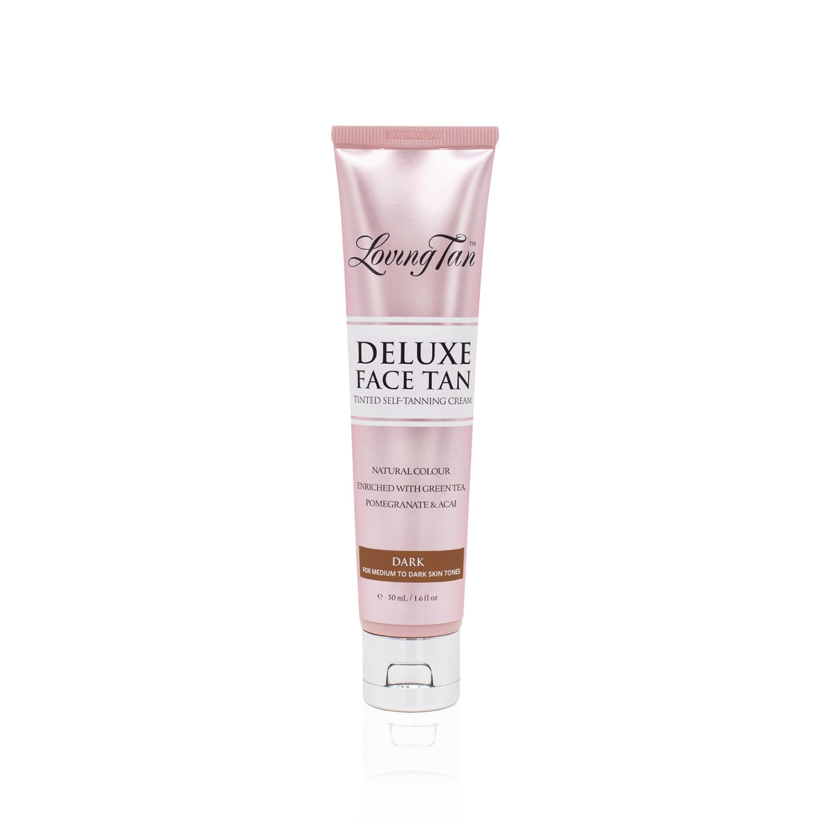 Loving Tan front tube view showing compact dark face tanner benefit quick application