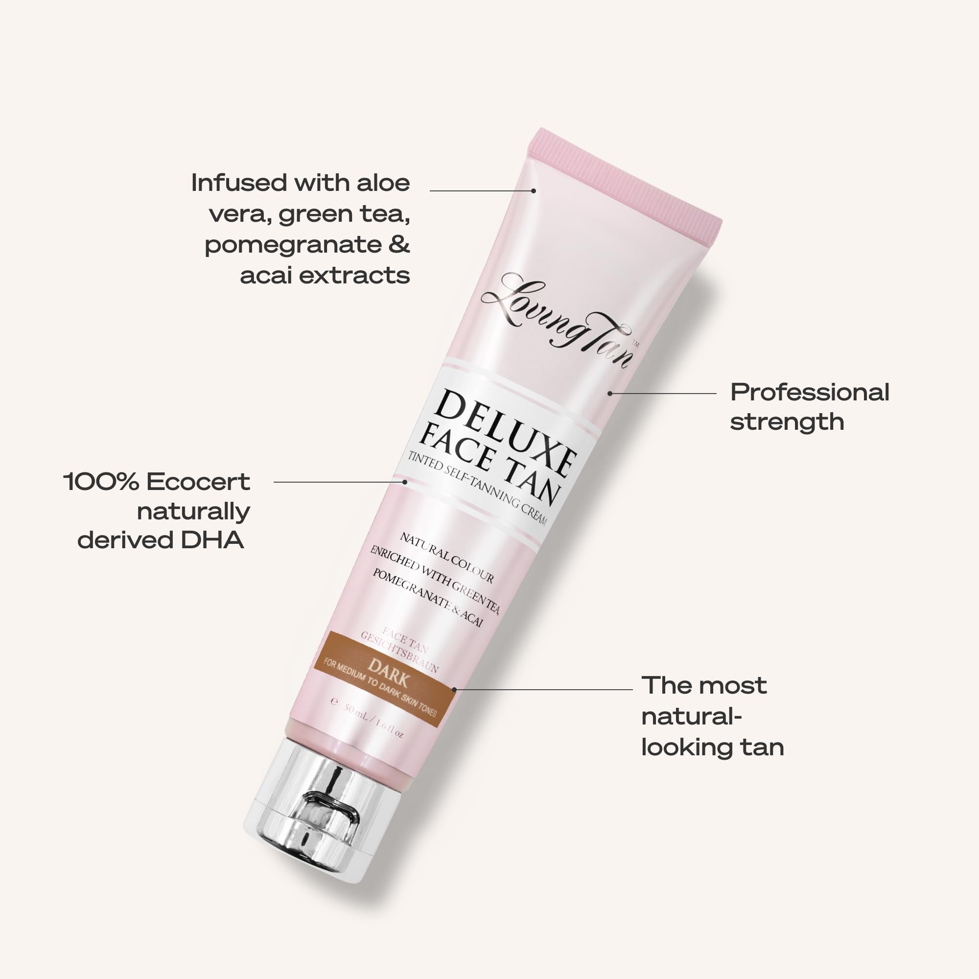 Loving Tan tube held in hand to show travel-friendly size and convenience