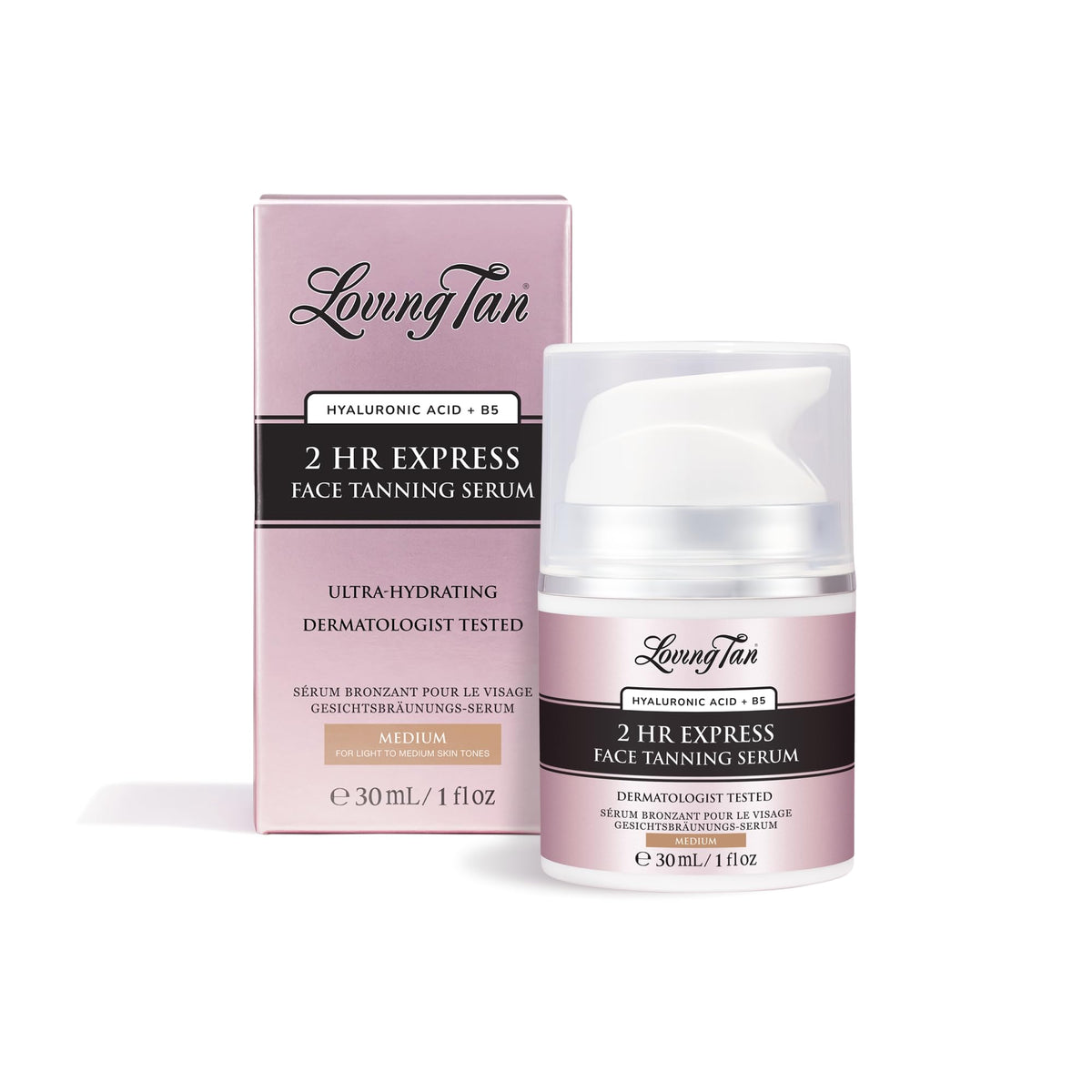 Loving Tan face serum front bottle showing packaging and size benefit