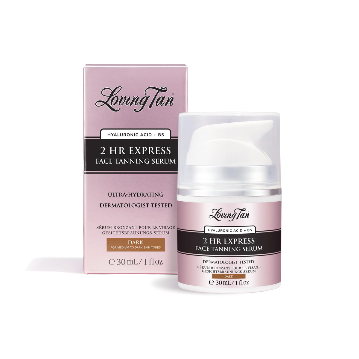 Loving Tan front bottle showing serum packaging and dark shade benefit