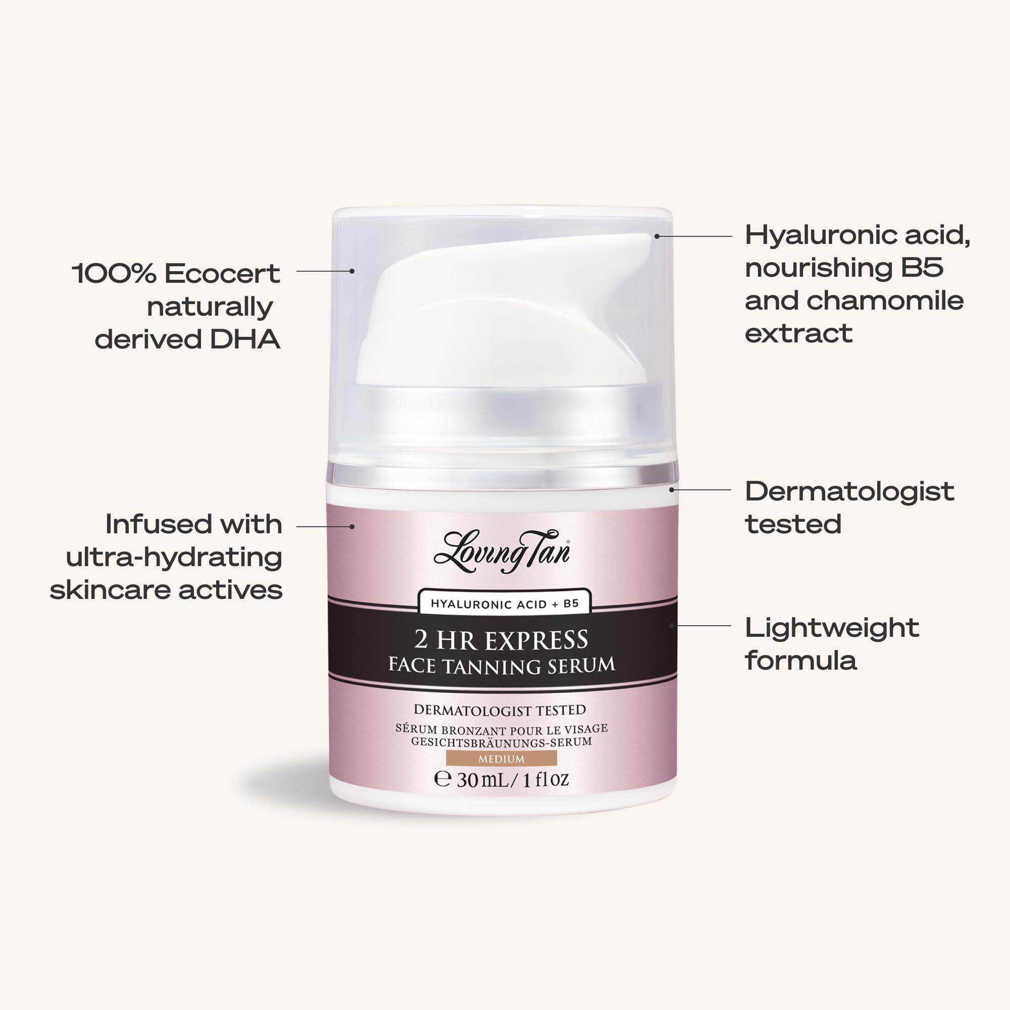 Loving Tan face serum in hand to show 1 fl oz scale and travel-friendly benefit