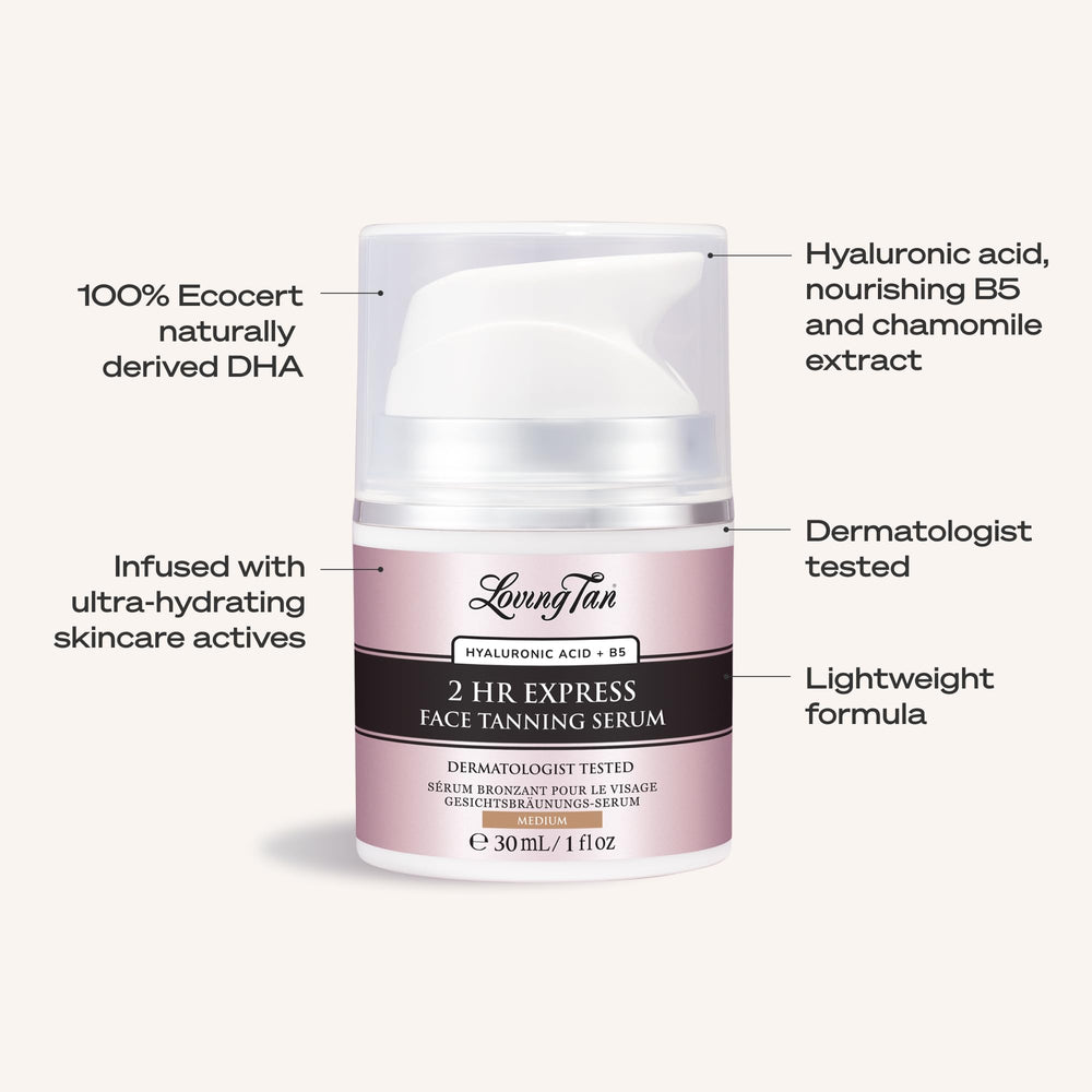Loving Tan face serum in hand to show 1 fl oz scale and travel-friendly benefit