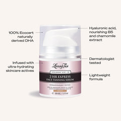 Loving Tan face serum in hand to show 1 fl oz scale and travel-friendly benefit
