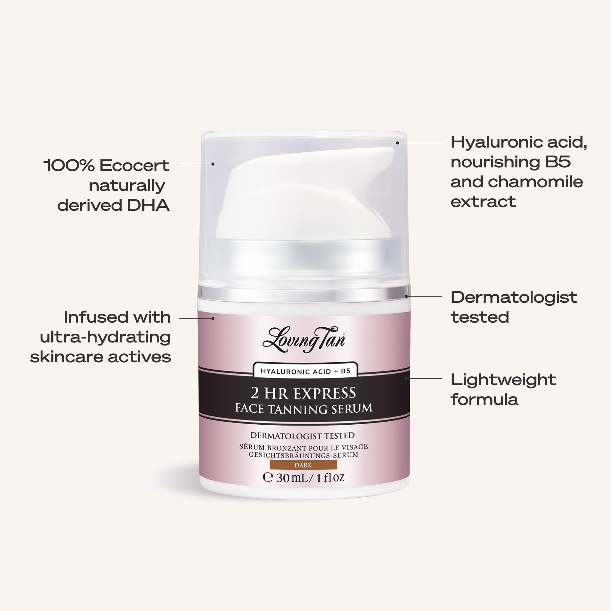 Loving Tan bottle beside a coin to show 1 fl oz size and travel-friendly benefit
