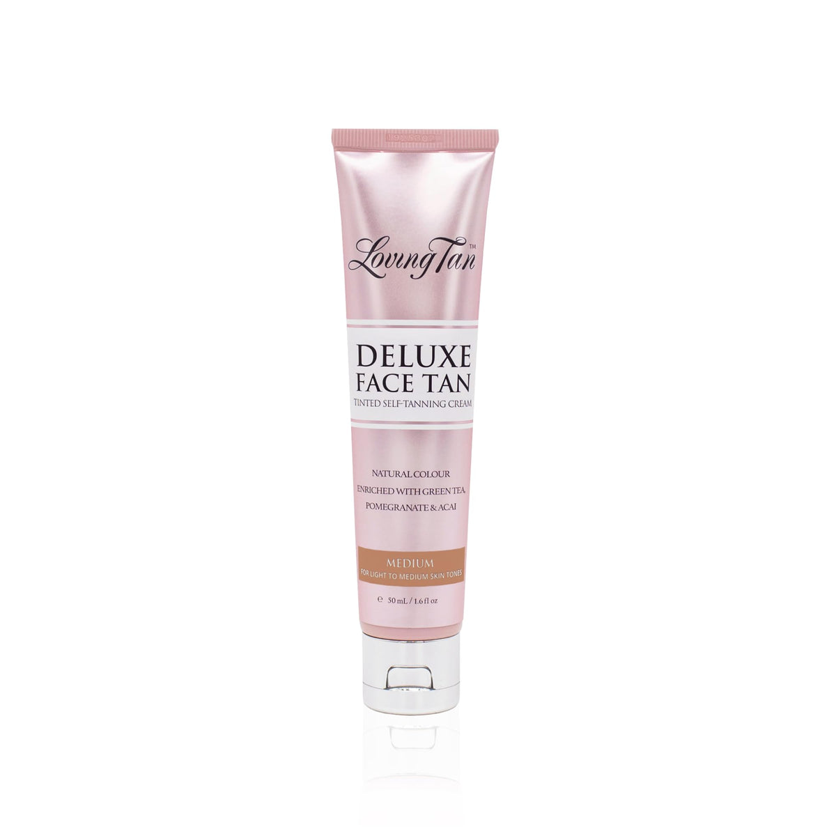 Loving Tan front bottle showing sleek packaging and medium shade benefit