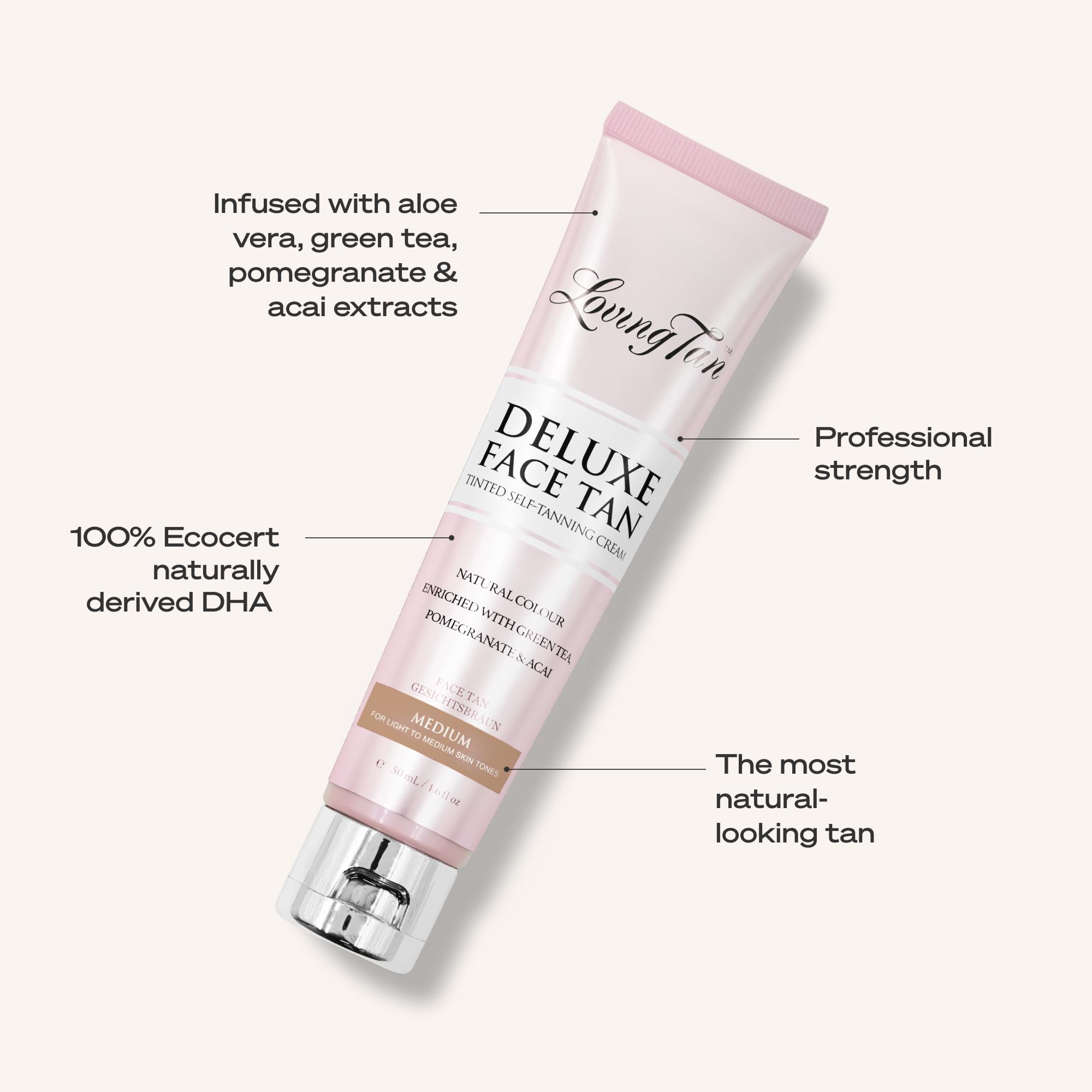 Hand holding Loving Tan bottle to show compact travel-friendly size benefit