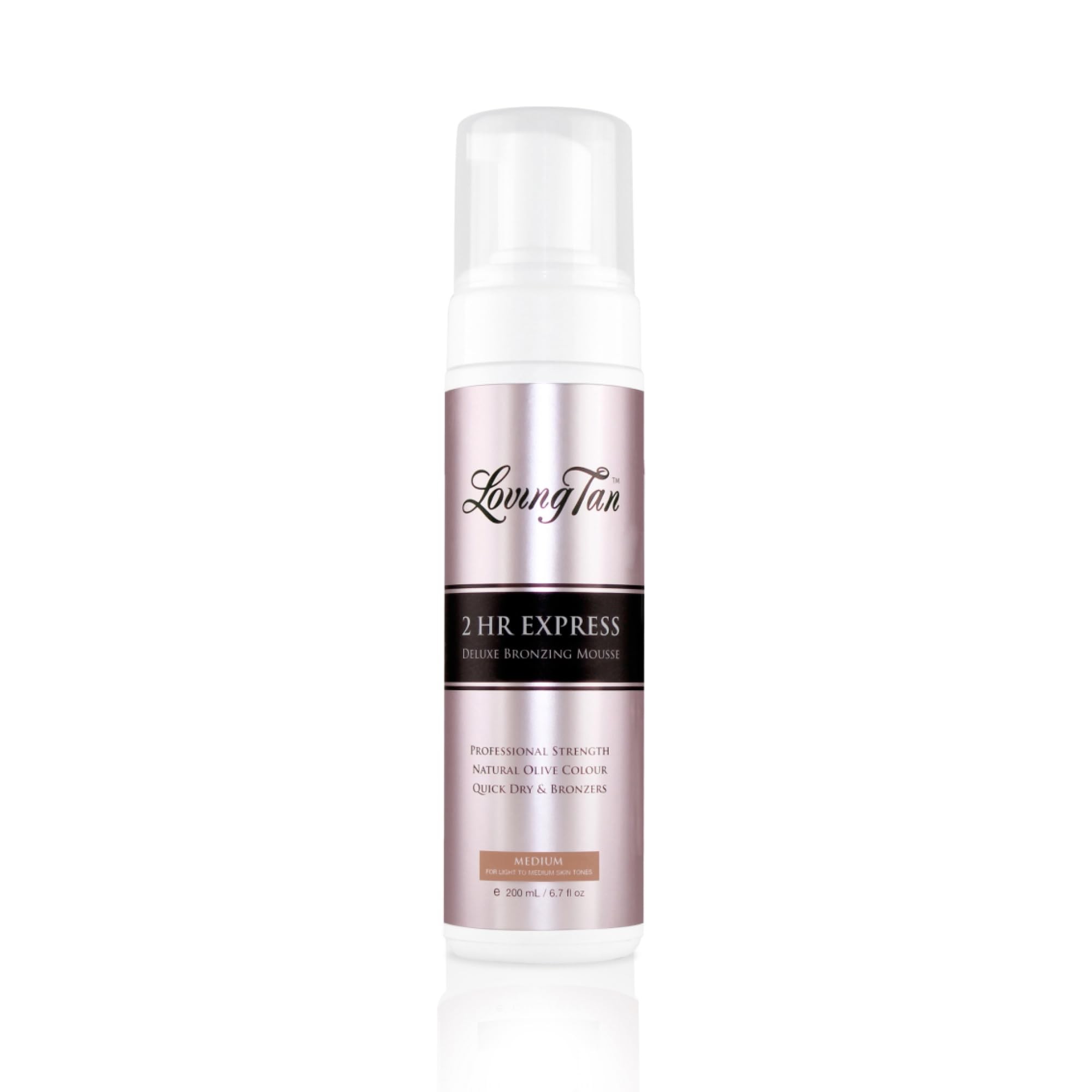 Loving Tan medium front packaging showing sleek bottle and label benefit: professional quality tan
