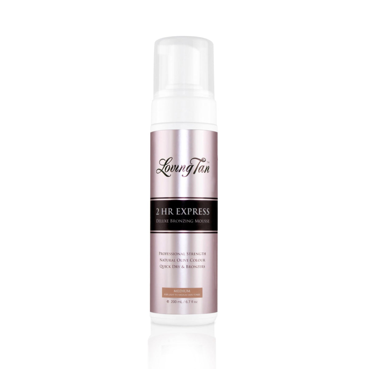 Loving Tan medium front packaging showing sleek bottle and label benefit: professional quality tan