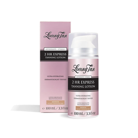 Loving Tan medium front tube showing packaging and quick tan benefit