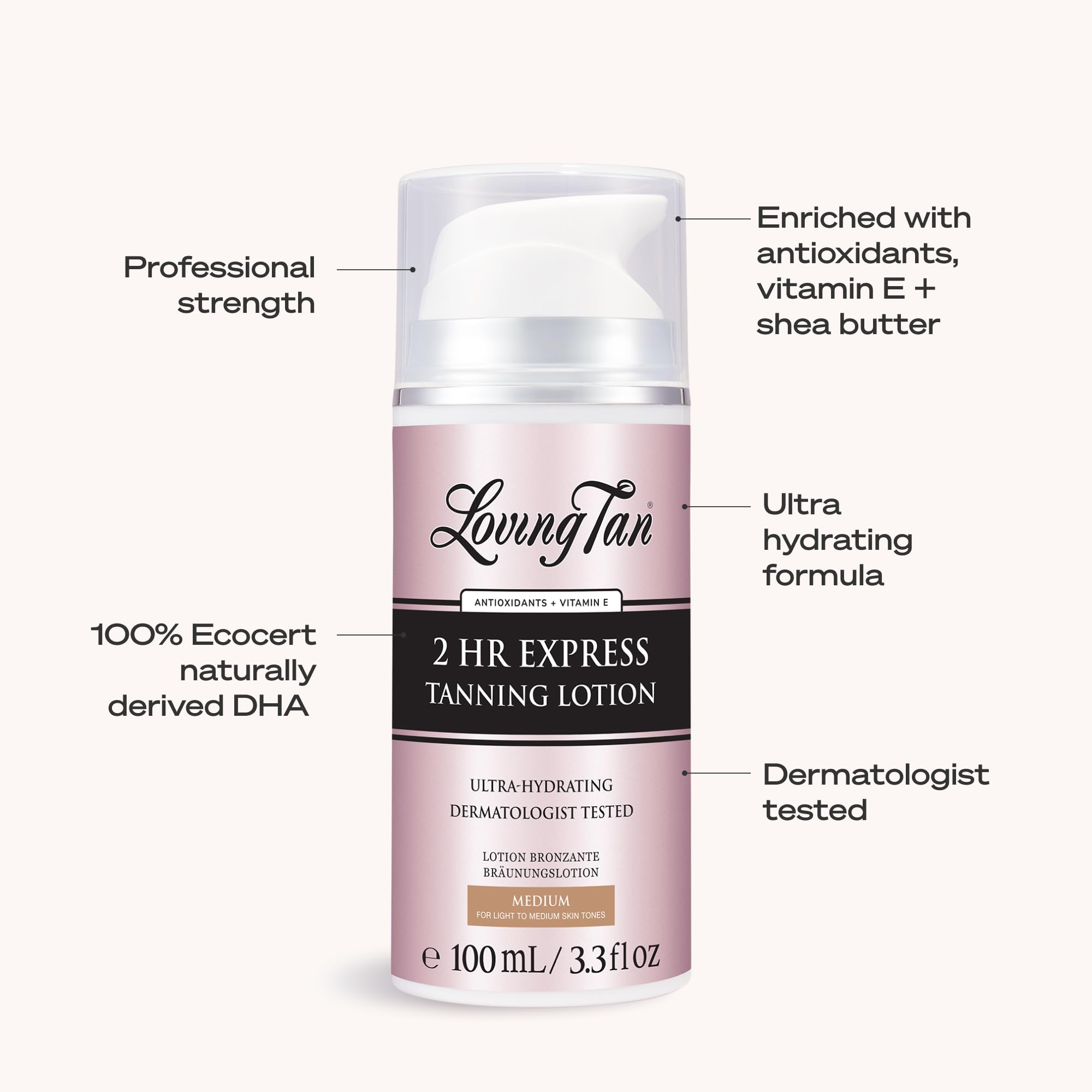 Loving Tan medium ingredients label displaying skincare benefits