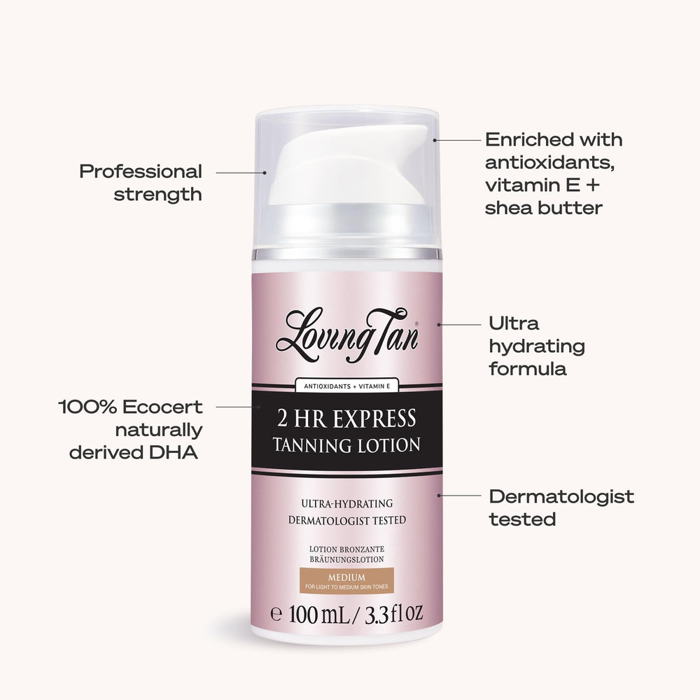 Loving Tan medium ingredients label displaying skincare benefits