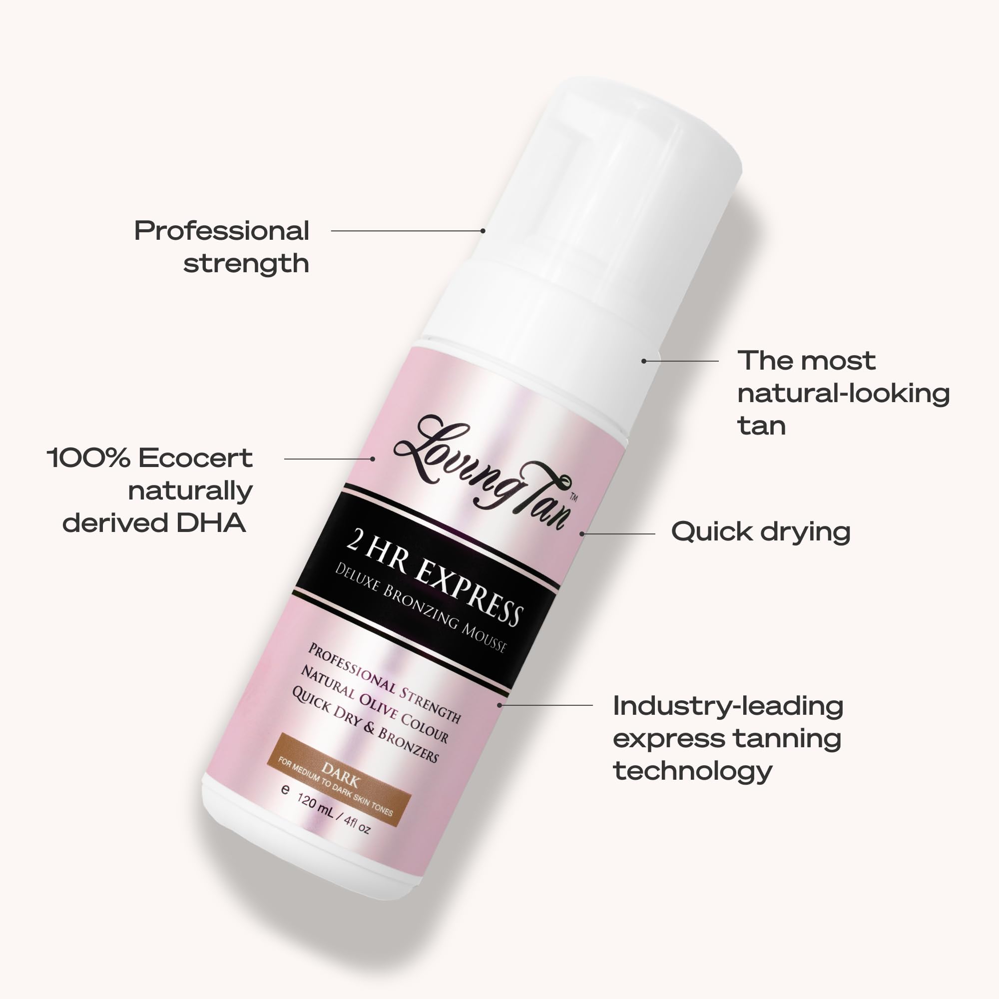 Loving Tan bottle held in hand to show 4 fl oz size and scale