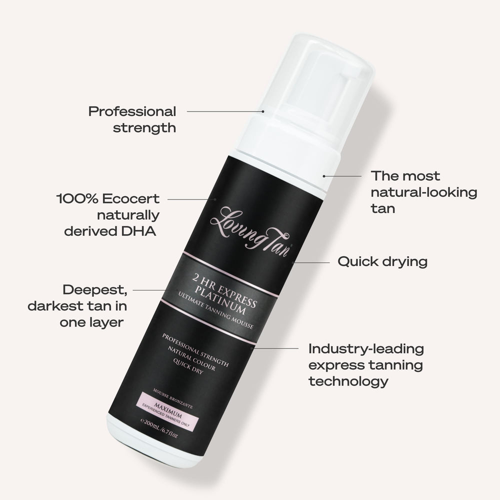 Loving Tan bottle next to hand for size and 10+ applications benefit
