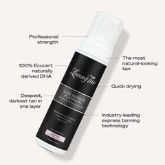 Loving Tan bottle next to hand for size and 10+ applications benefit