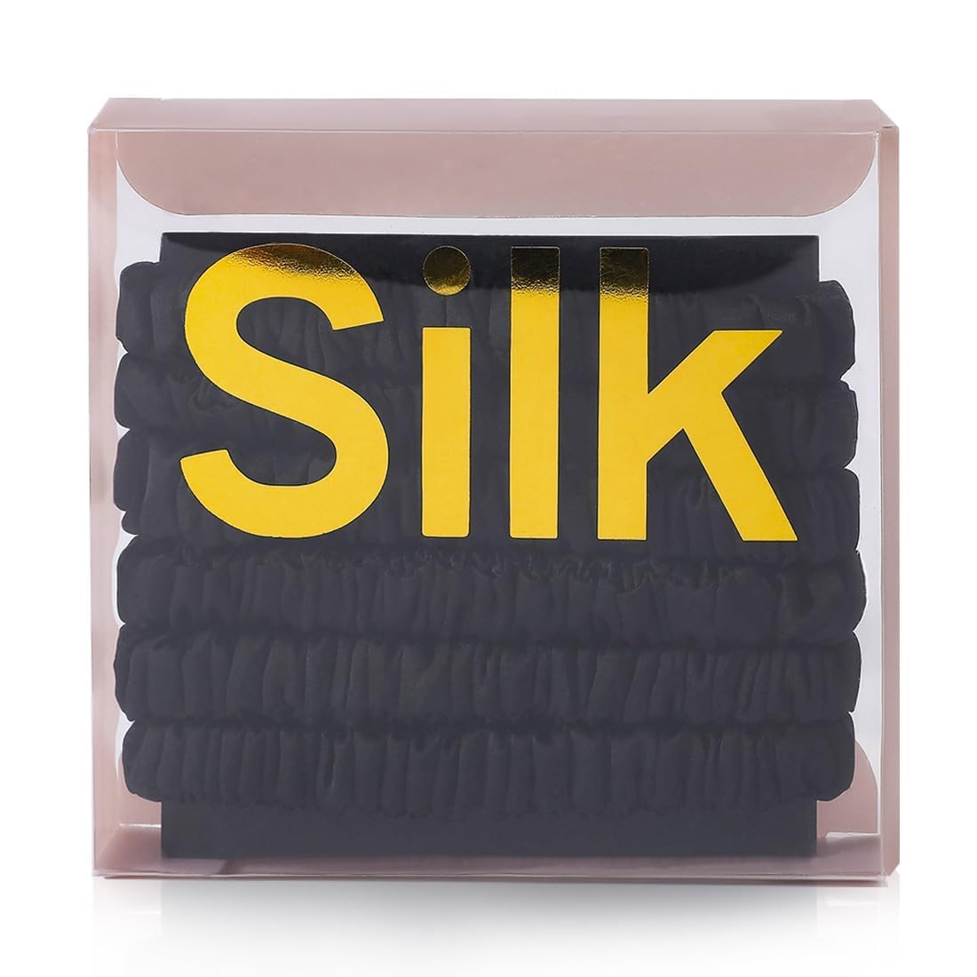 LOVUITEN front view of six silk scrunchies, elegant accessory and neat storage