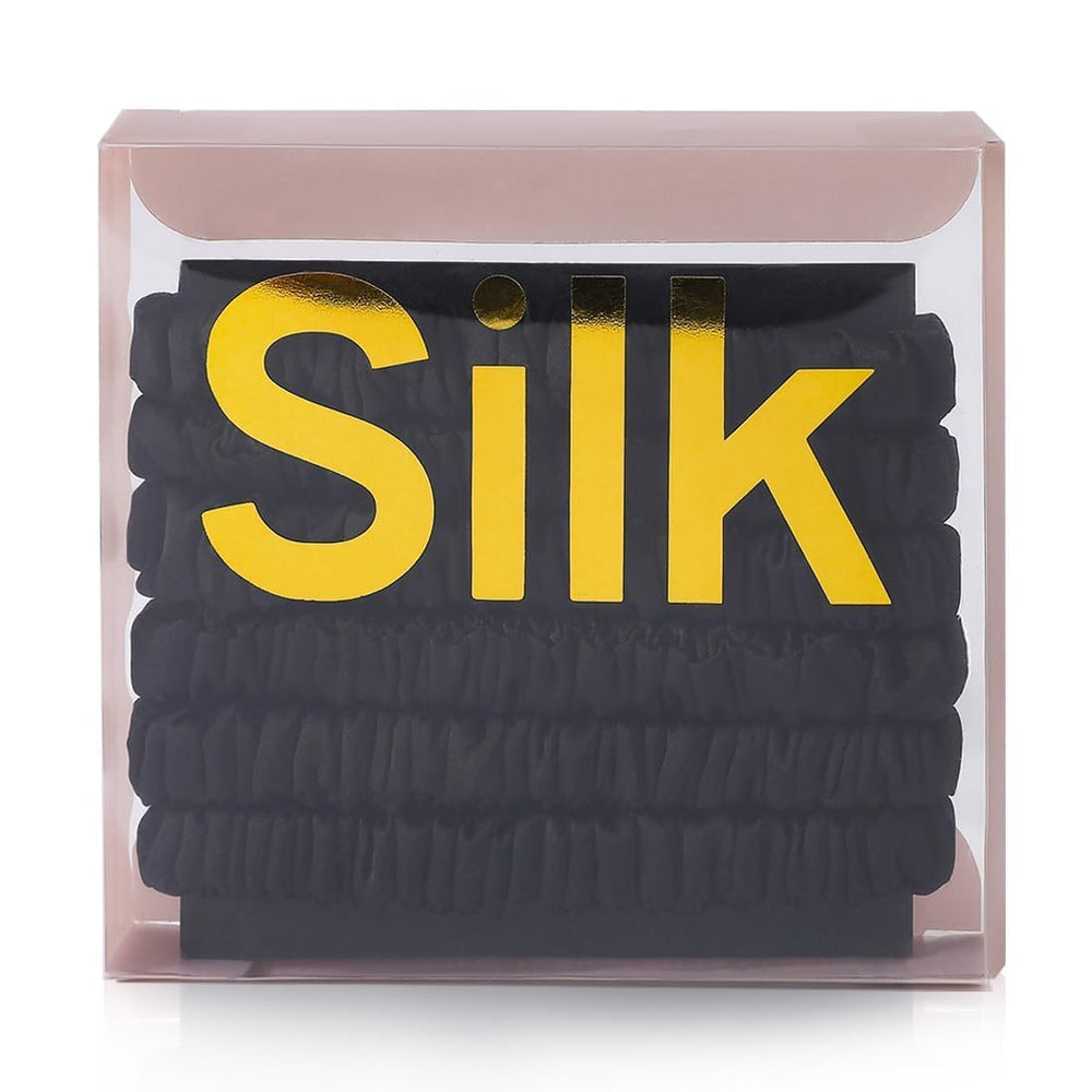 LOVUITEN front view of six silk scrunchies, elegant accessory and neat storage