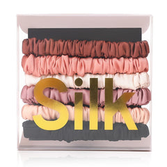 LOVUITEN front view of six silk scrunchies neatly arranged, showing variety and gift-ready appeal