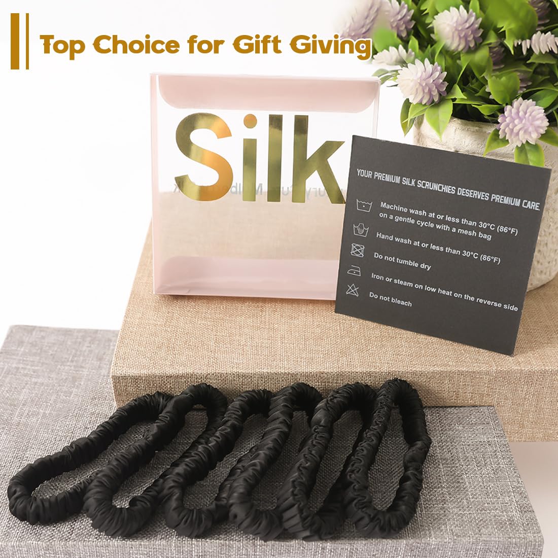 LOVUITEN scrunchie on bedside table illustrating gentle night hair care