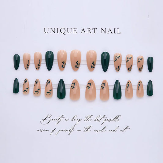LPOODDNU close-up of leaf design and glossy finish, decorative detail enhances manicure
