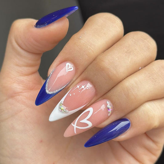 LPOODDNU front packaging showing 24-piece almond blue French tips, easy selection benefit