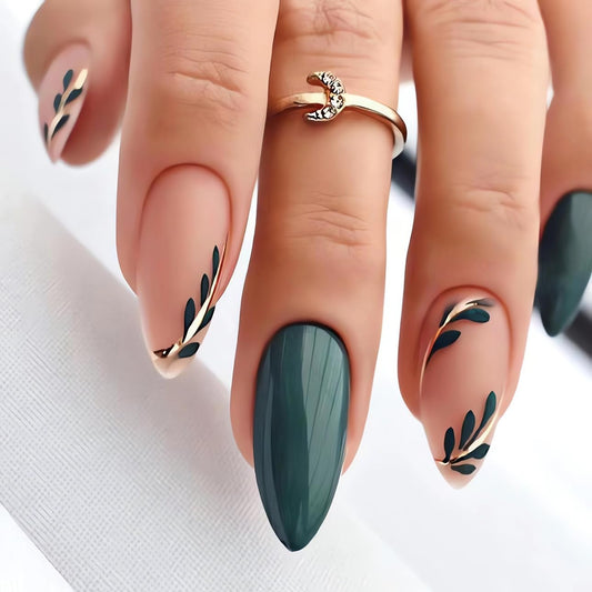 LPOODDNU front packaging displaying 24-piece dark green almond press-on nails, quick styling benefit