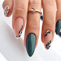 LPOODDNU front packaging displaying 24-piece dark green almond press-on nails, quick styling benefit
