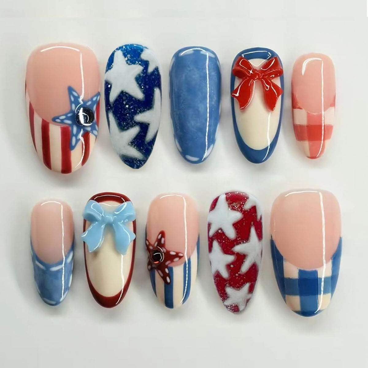 LRKNNO front packaging showing full 24-piece patriotic press-on kit benefiting quick setup
