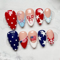 LRKNNO front packaging showing 30-piece patriotic press-on nail kit benefit easy celebration nails