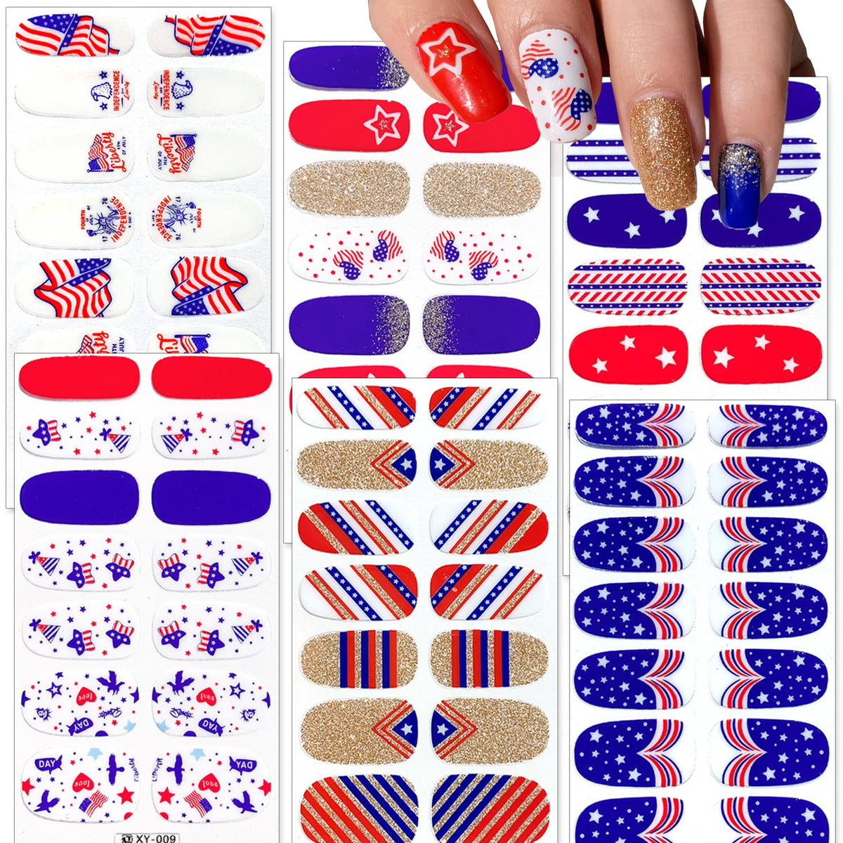 LRKNNO front packaging showing patriotic nail strip assortment and festive benefit