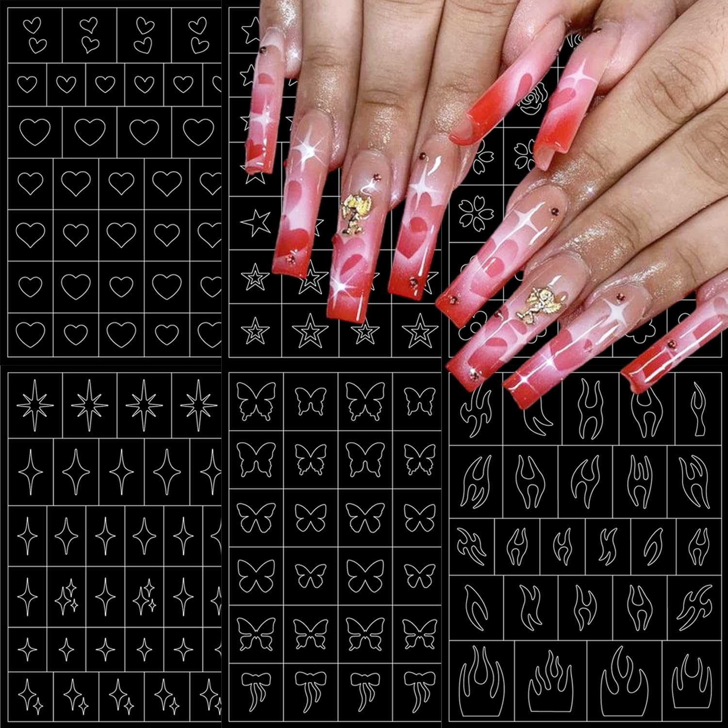 LRKNNO front packaging showing six themed stencil sheets and variety benefit