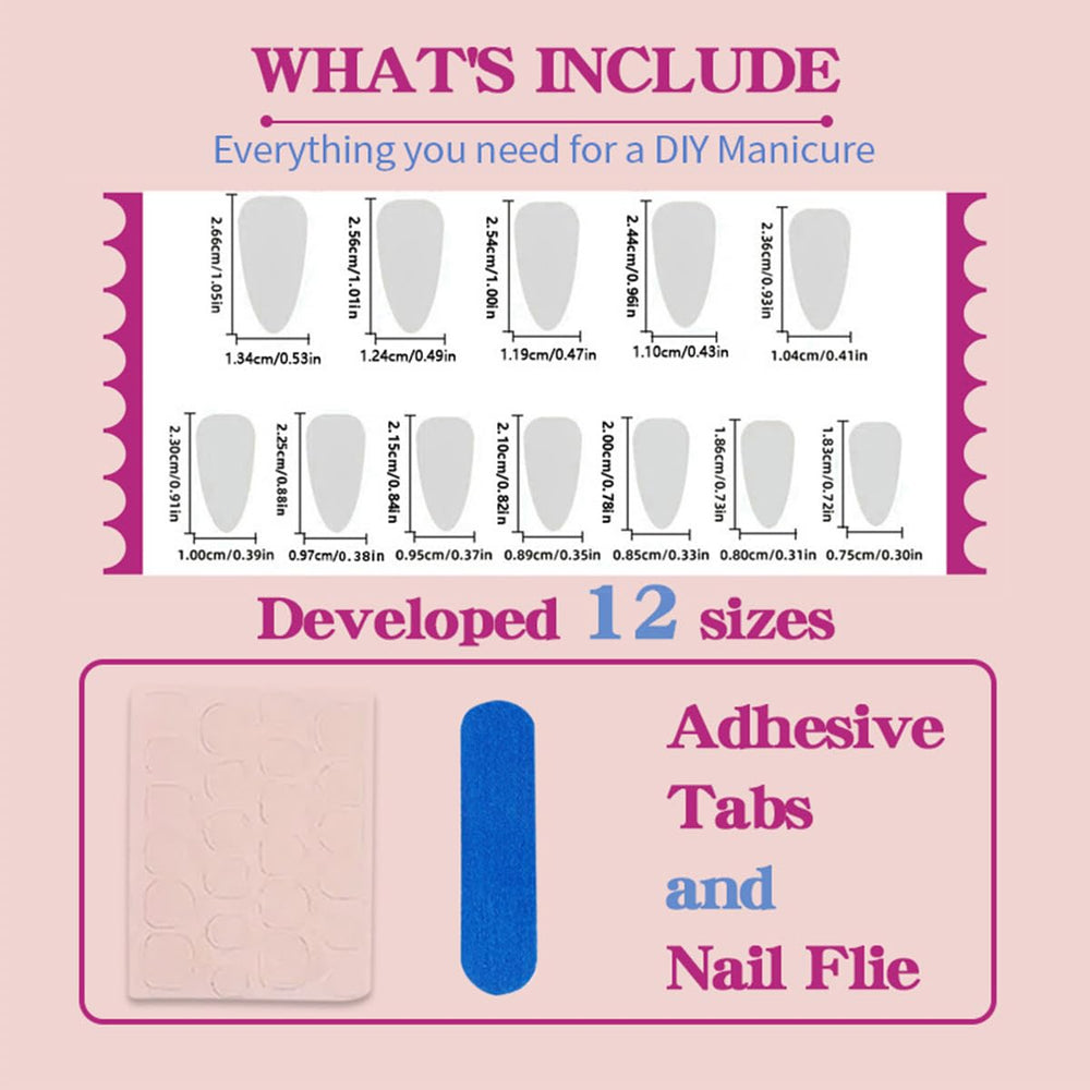 LRKNNO kit contents showing nails, nail file, jelly glue stickers and wooden stick for quick application