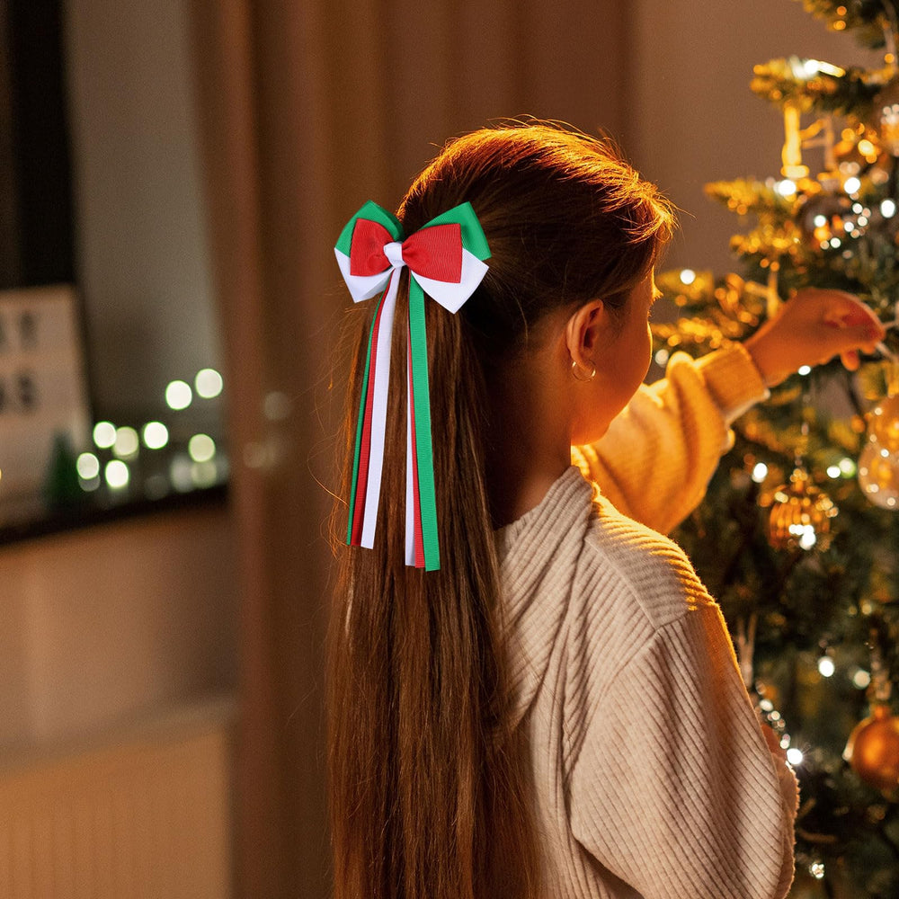 LSVOZ bow clipped into ponytail adding festive movement and photo-ready detail