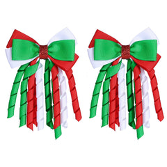 LSVOZ front view of two Christmas hair bow clips showing festive colors and style, easy festive upgrade