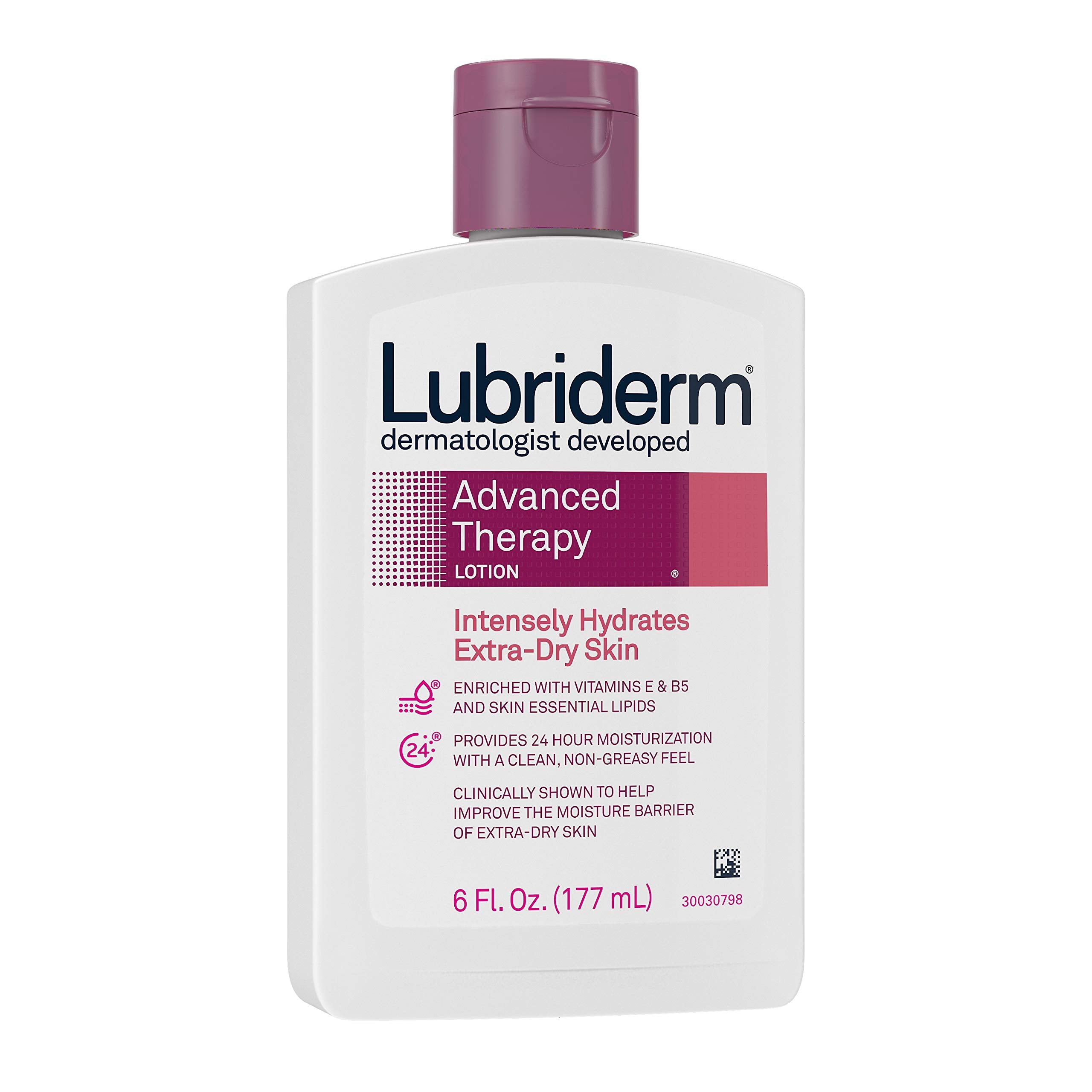 Lubriderm bottle back label with ingredients and usage details benefit
