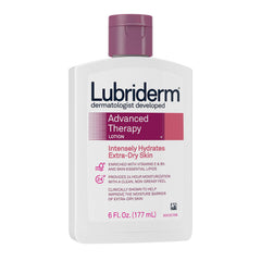 Lubriderm bottle back label with ingredients and usage details benefit